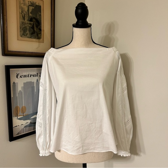 White House Black Market White Blouse with Eyelet Puff Sleeves - Picture 1 of 7